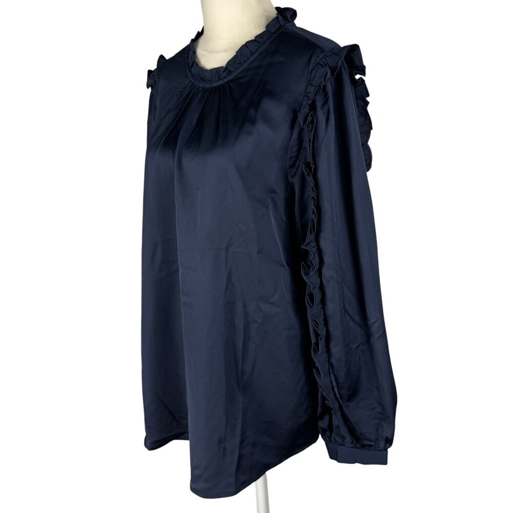 J. Crew Navy Blue Ruffle Blouse Size Medium - Picture 2 of 9